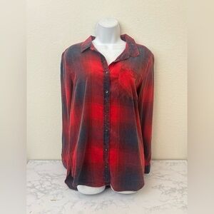 Vanilla Star Red Plaid Button Down Top Womens M Long Sleeve Knit 100% Cotton